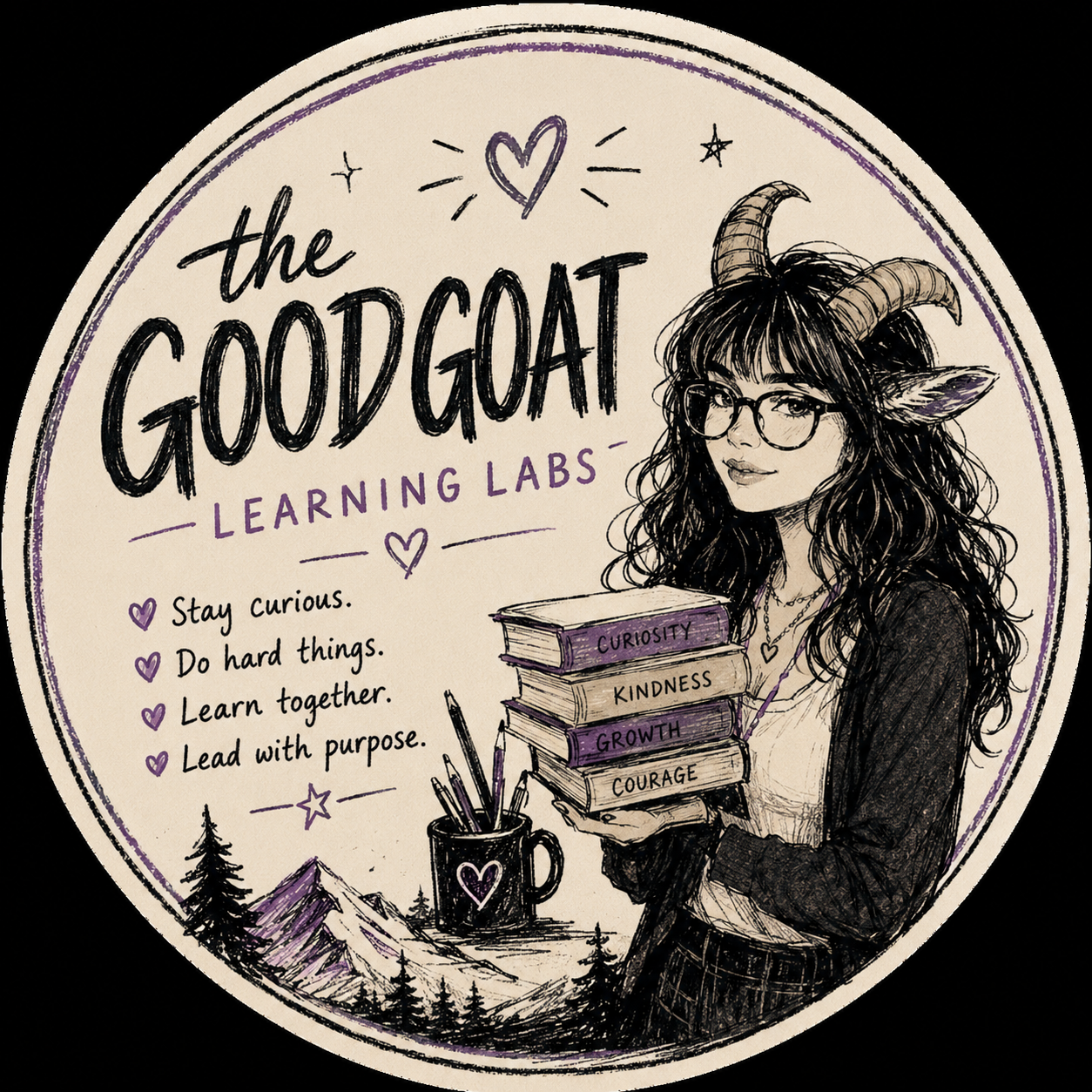 The Good Goat Learning Labs badge — a goat-eared learner holding books labelled Curiosity, Kindness, Growth and Courage, above mountains and pine trees